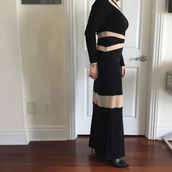 ABS Allen Schwartz Illusion Inset Maxi Long Black dress Peekaboo stripes - Picture 3 of 5
